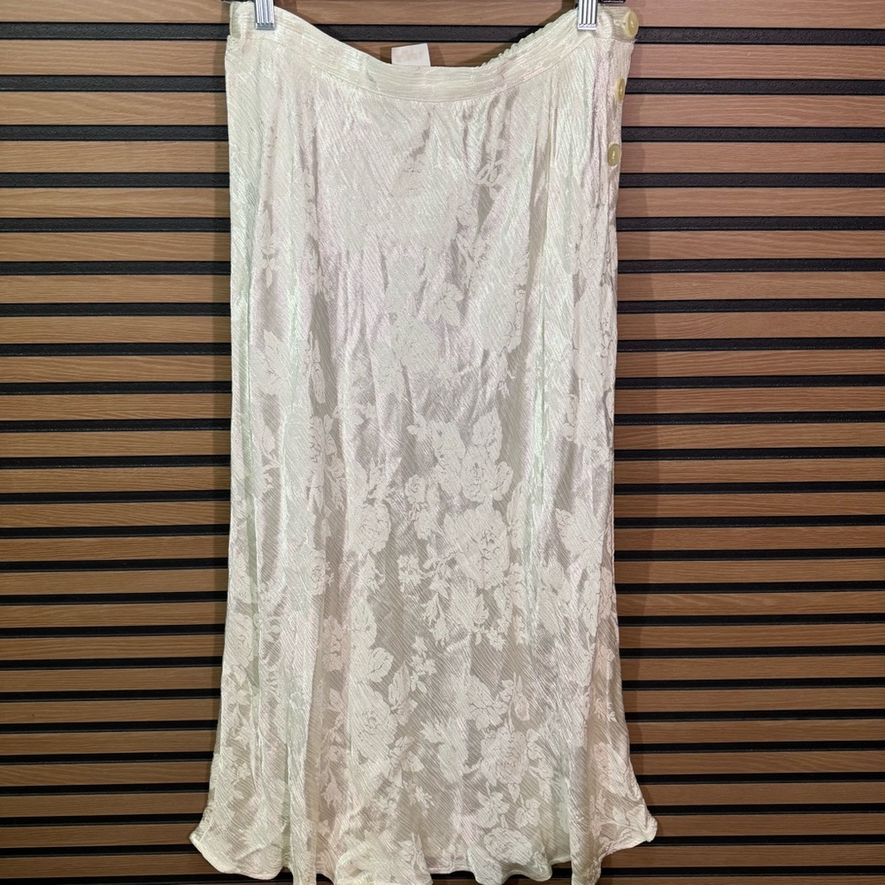 Vintage Carole Little Ivory Floral Satin Midi Skirt Size 14